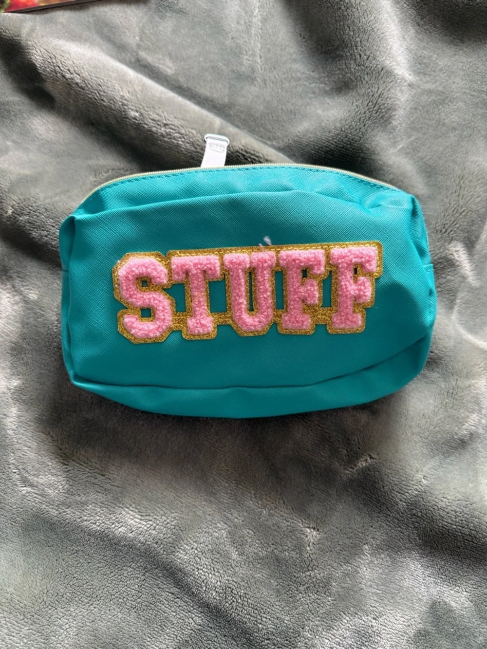 Turquoise 'STUFF' Cosmetic Pouch with Pink Chenille Patch